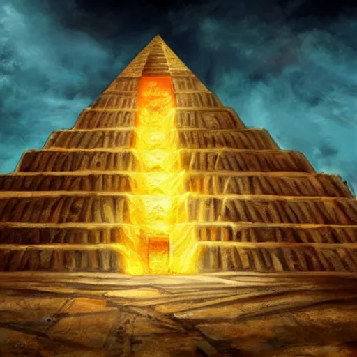 Prompt: Very muscular Devil, red fire eyes, guarding the entrance of the pyramid of Cheops, dessert, ancient world, realistic, god, dramatic lightning, very detailed, concept art