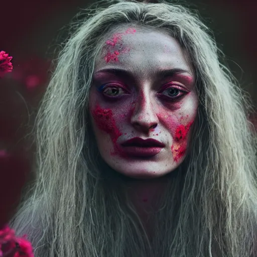 Image similar to 3 5 mm coloured film portrait of sophie turner as aghori sadhu covered in ash creature, hyperrealism, celestial red flowers vibe, photorealistic, detailed, atmospheric, 8 k, award winning photography, cinematic