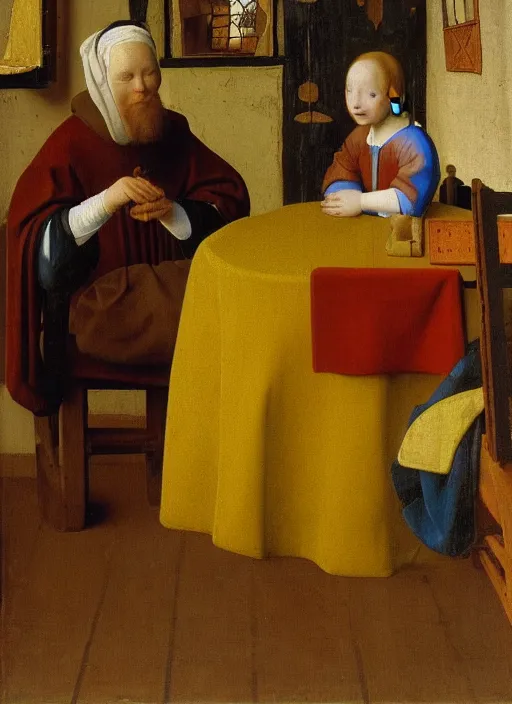 Image similar to Young man sitting at the table with young pretty blonde girl at the crowded inn. Medieval painting by Jan van Eyck, Johannes Vermeer, Florence