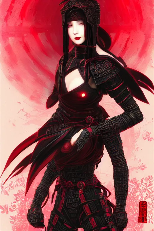 Image similar to portrait Ninja gaiden girl, armored black and red ninja wardrobe, in ruin japanese rainny temple night, ssci-fi and fantasy, intricate and very very beautiful and elegant, highly detailed, digital painting, artstation, concept art, smooth and sharp focus, illustration, art by tian zi and WLOP and alphonse mucha