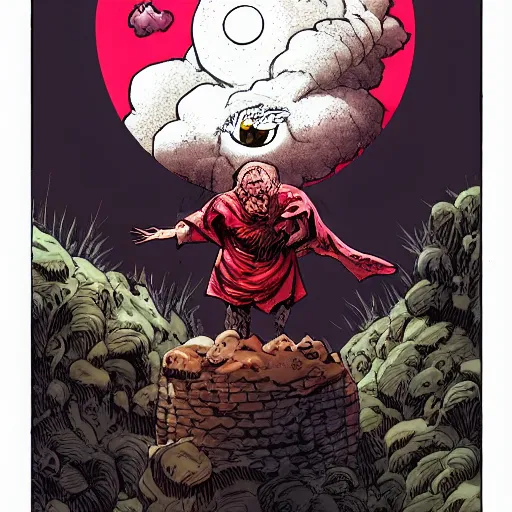 Prompt: precisely drawn illustration of a dull white cloud filled with eyes, wide angle, sharp, fine details, french comic style, vibrant realistic colors, full color, heroic fantasy, intense line art, 8 k, precise linework, realistic, in the style of heavy metal comics and richard corben and moebius