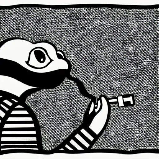 Image similar to storybook illustration of a turtle smoking a cigarette, storybook illustration, monochromatic, black and white