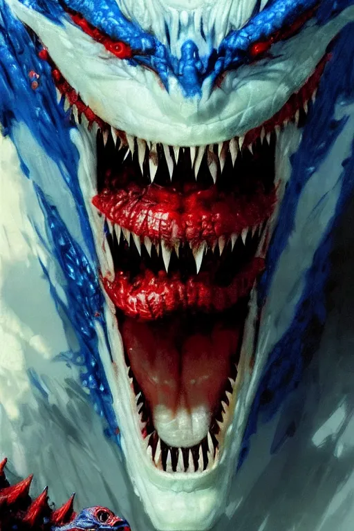 Prompt: beautiful vampire with red hair eating blue shin - godzilla, extreme close up detailed face portrait dnd, painting by gaston bussiere, craig mullins, greg rutkowski, yoji shinkawa