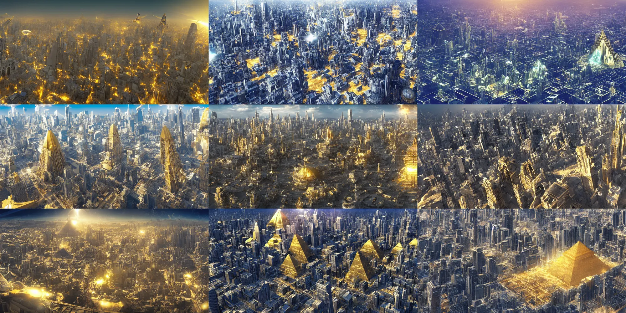 Prompt: super wide view of a cityscape, flying spaceship, golden pyramids, super big throne on the center, fractal buildings, glass rain, global illumination, ambient occlusion, by hiroaki samura and casper konefal and sung choi