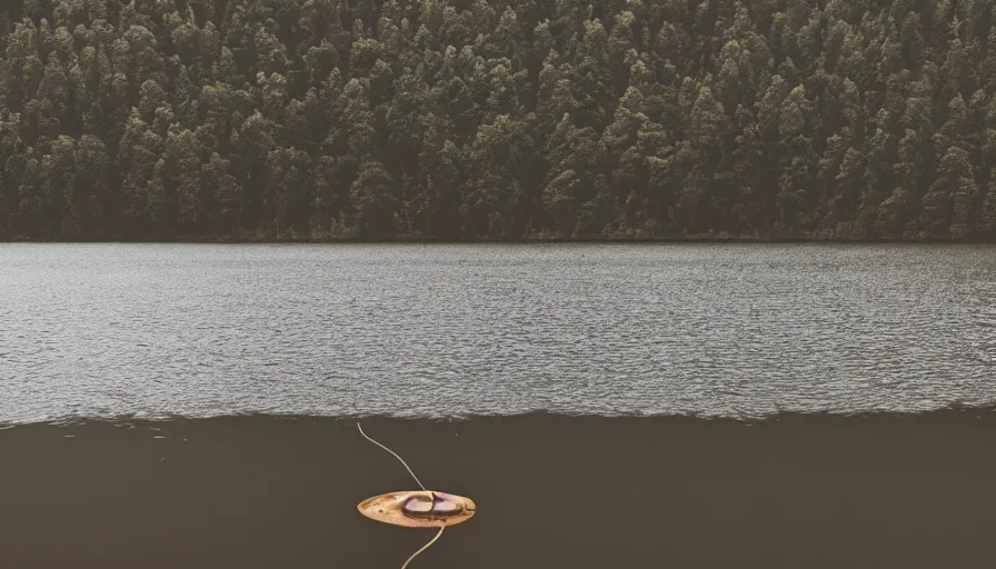 Image similar to rope floating to surface of water in the middle of the lake, overcast lake, 2 4 mm leica anamorphic lens, moody scene, stunning composition, hyper detailed, color kodak film stock