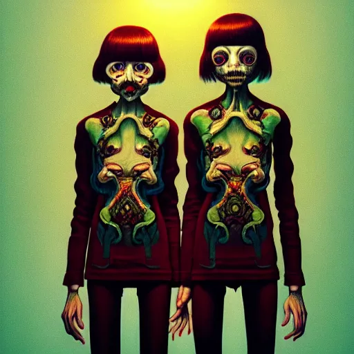 Image similar to creepy twins, dark background, backlit:: by Martine Johanna and Simon Stålenhag and Chie Yoshii and Casey Weldon and Guillermo del toro :: ornate, dynamic, particulate, intricate, elegant, highly detailed, centered, artstation, smooth, sharp focus, octane render, 3d