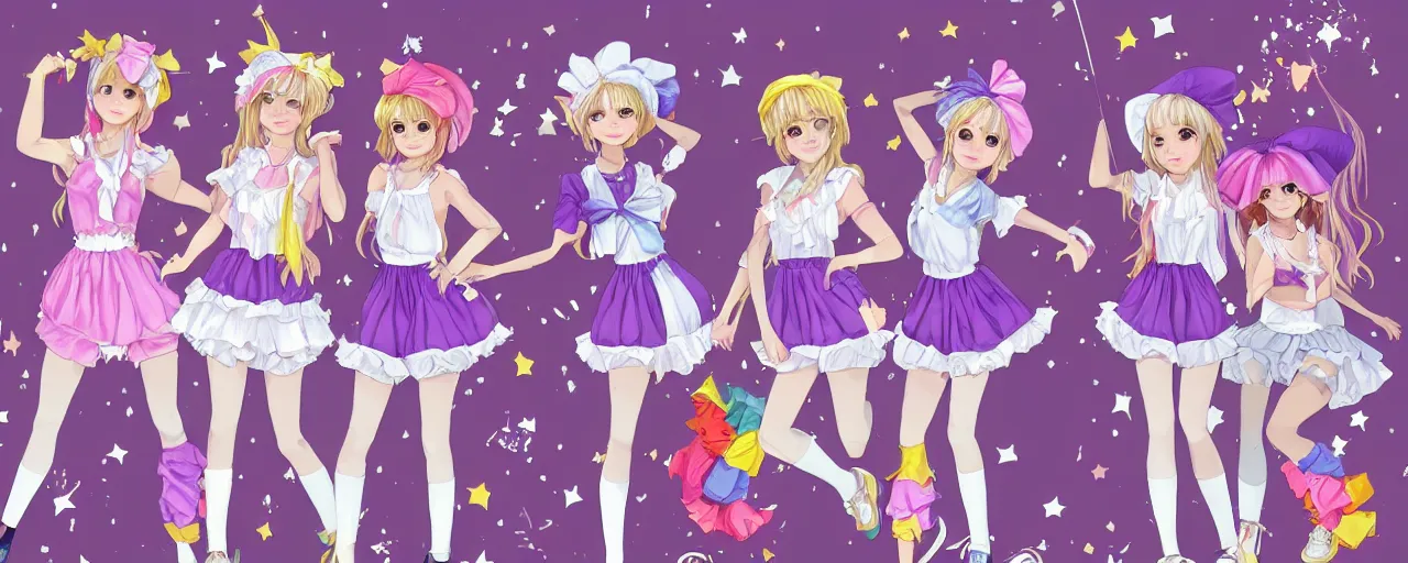 Prompt: A character sheet of full body cute magical girls with short blond hair wearing an oversized purple Beret, Purple overall shorts, Short Puffy pants made of silk, pointy jester shoes, a big billowy scarf, and white leggings. Rainbow accessories all over. Flowing fabric. Ruffles and Bows. Petticoat. Covered in stars. Short Hair. Art by Johannes Helgeson and william-adolphe bouguereau and Paul Delaroche and Alexandre Cabanel and Lawrence Alma-Tadema and WLOP and Artgerm. Fashion Photography. Decora Fashion. harajuku street fashion. Kawaii Design. Intricate, elegant, Highly Detailed. Smooth, Sharp Focus, Illustration Photo real. realistic. Hyper Realistic. Sunlit. Moonlight. Dreamlike. Fantasy Concept Art. Surrounded by clouds. 4K. UHD. Denoise.