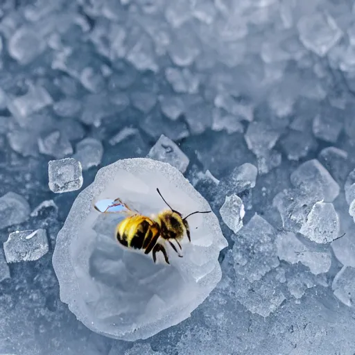 Image similar to a bee finding the last flower made of ice in antarctica, only snow i the background, beautiful macro photography, ambient light