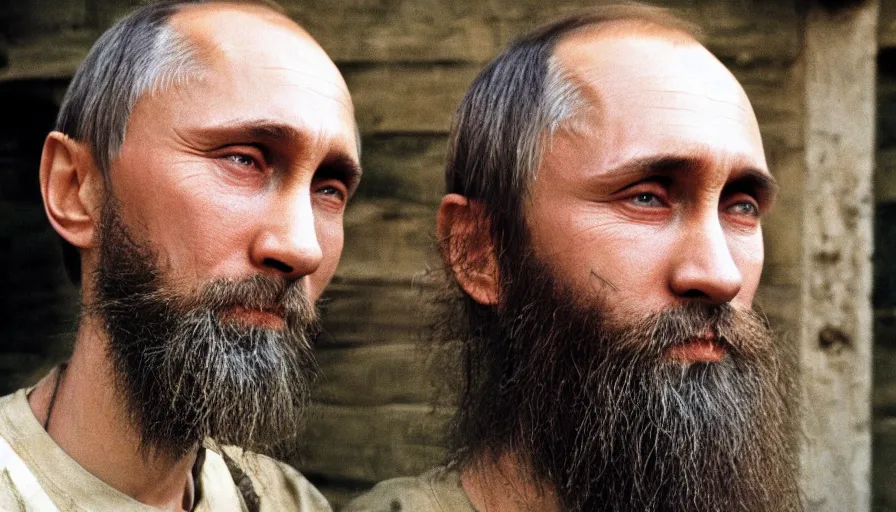 Image similar to far view, extremely skinny malnourished vladimir putin with long beard, wearing dirty overalls, dirty greasy face, grin, portrait, close up, kodak gold 2 0 0, 5 0 mm,