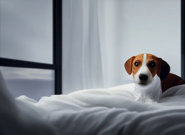 Image similar to photography of a Jack Russel . watching outside the window. on a bed. in a white room. octane render,volumetric light, volumetric fog, photorealistic,, award winning photo, 100mm, sharp, cloth, high res