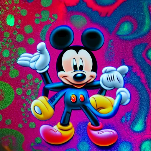 Image similar to counterfeit mickey mouse, fractal, broken, wet, melting, lisa frank, fractured, mycelium, cubensis, radiant alien, rococo, baroque, automotive, bio-mechanical, porcelain, iridescent, sub surface scattering, unreal engine, octane render