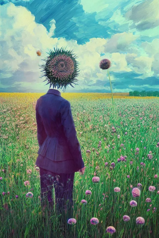 Prompt: portrait, giant thistle flower under head, a girl in a suit in a field of flowers, surreal photography, sunrise, blue sky, dramatic light, impressionist painting, digital painting, artstation, simon stalenhag