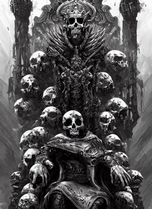 Image similar to the ruined king sitting on a throne made of skulls, concept art, digital illustration, trending on artstation, deviantart, artgerm, epic composition, masterpiece, highly detailed, perfect face, realistic face, wlop, ross draws