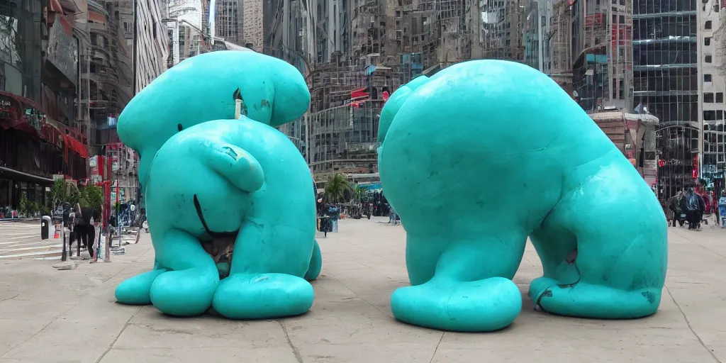 Prompt: huge turquoise weenies walk around the city