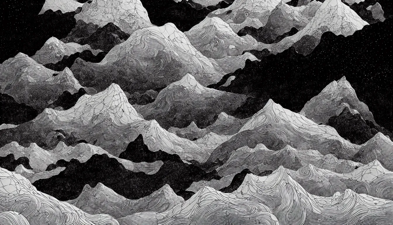 Image similar to clouds beneath mountain peaks by nicolas delort, moebius, victo ngai, josan gonzalez, kilian eng