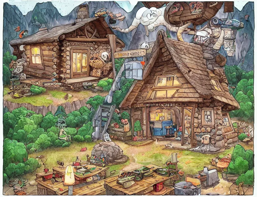 Prompt: cute and funny, a cozy cabin carved into a mountain, heavy rain, ratfink style by ed roth, centered award winning watercolor pen illustration, isometric illustration by chihiro iwasaki, edited by range murata, tiny details by artgerm and watercolor girl, sharply focused