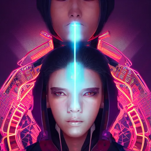 Image similar to symmetry portrait of a young female cyberpunk samurai, sci - fi, tech wear, glowing lights intricate, elegant, highly detailed, digital painting, artstation, concept art, smooth, sharp focus, illustration, art by artgerm and greg rutkowski and alphonse mucha