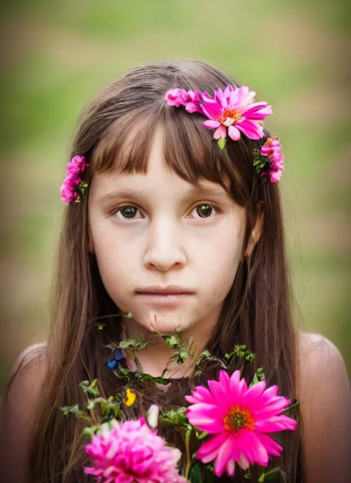 Prompt: portrait of a 7 year old woman, symmetrical face, flowers in her hair, she has the beautiful calm face of her mother, slightly smiling, ambient light