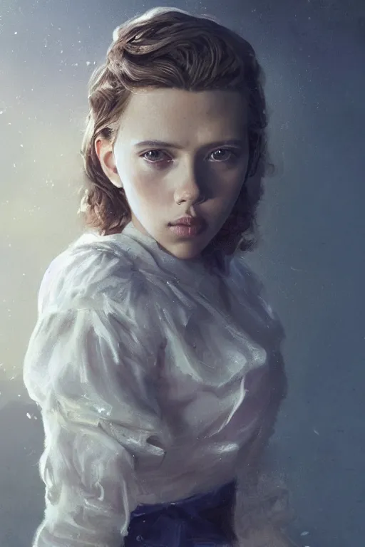 Image similar to a fancy portrait of a young Scarlett Johansson as a child by Greg Rutkowski, Sung Choi, Mitchell Mohrhauser, Maciej Kuciara, Johnson Ting, Maxim Verehin, Peter Konig, Bloodborne, macro lens, 35mm, 8k photorealistic, cinematic lighting, HD, high details, atmospheric,