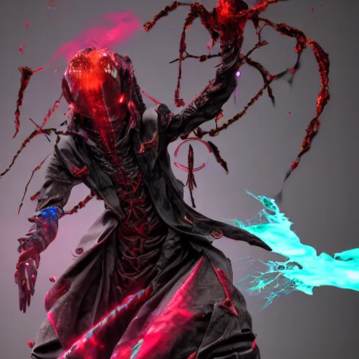 Image similar to A necromancer pulsing with necrotic energy, Art by Koyoharu Gotouge, power auras, sigils, tattered cloth robes, substance 3d painter, PBR textures, Physical based rendering, cinematic, hyper realism, high detail, octane render, unreal engine, 8k, Smooth gradients, High contrast, depth of field, aperture f2.8