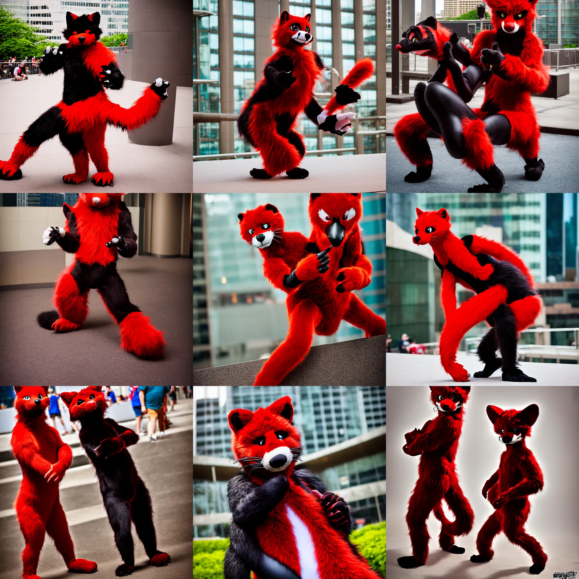 Image similar to fullbody photoshoot photo portrait of a cute roguish male red - black furred weasel furry fursuiter ( tail attached ), key visual, taken at anthrocon ( furry convention )