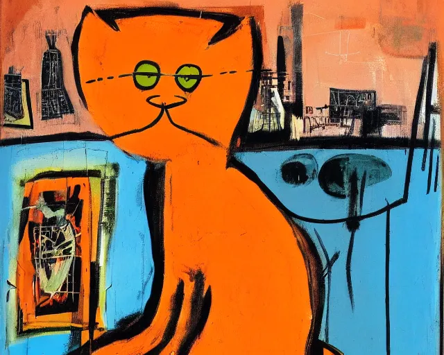 Image similar to painting of a an orange cat with the city behind it by graham sutherland, basquiat, neo - expressionism, muted colors!!!