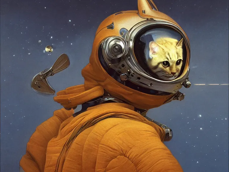 Prompt: a detailed profile painting of a cat in a spacesuit, chrome symmetrical and science fiction theme by beksinski carl spitzweg and tuomas korpi. baroque elements, full-length view. baroque element. intricate artwork by caravaggio. Trending on artstation. 8k