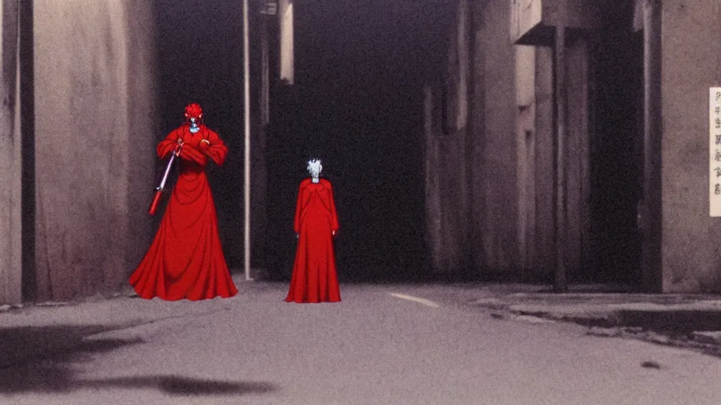 Image similar to a woman in a red dress wearing a red demon mask standing alone on an empty street in downtown Tokyo with a gun, film still from the an anime directed by Katsuhiro Otomo with art direction by Zdzisław Beksiński, wide lens