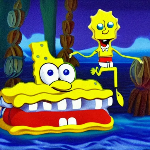 Prompt: A full body photo of the beautiful SpongeBob SquarePants made of cheese as a siren, he is looking straight to the camera, he has a glow coming from him, she is getting illuminated for rays of light that cross the sea, behind is a scary atmosphere of The Krusty Krab, the photo was taking by Annie Leibovitz, matte painting, oil painting, naturalism, 4k, 8k