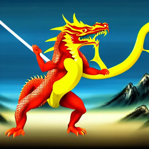 Image similar to Chinese president, battle, bananas weapon, dragon, mountains background, fighting stance, painting