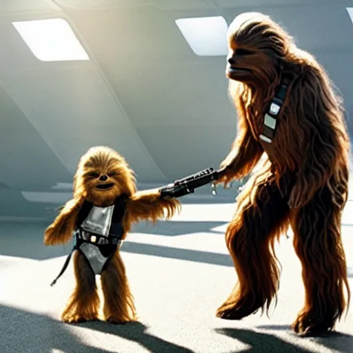 Prompt: han solo walking chewbacca on a leash