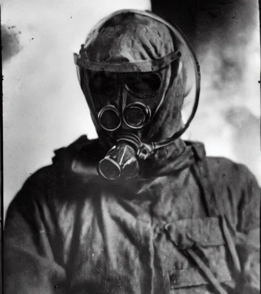 Image similar to man in a hazmat suit and gasmask, ww1 film photo, grainy, high detail, high resolution