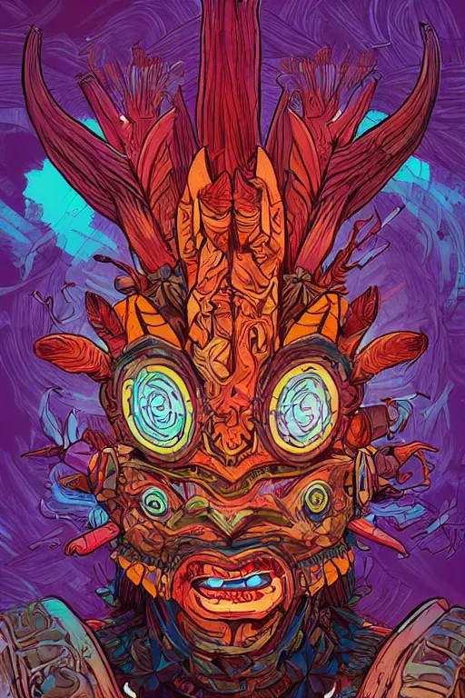 Image similar to totem animal tribal chaman vodoo mask feather gemstone plant wood rock video game illustration vivid color borderlands by josan gonzales and dan mumford radiating a glowing aura