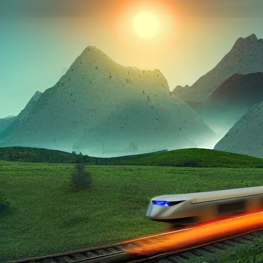 Prompt: futuristic train driving through valley, green hills, matte painting, artstation, sunrise, blue sky
