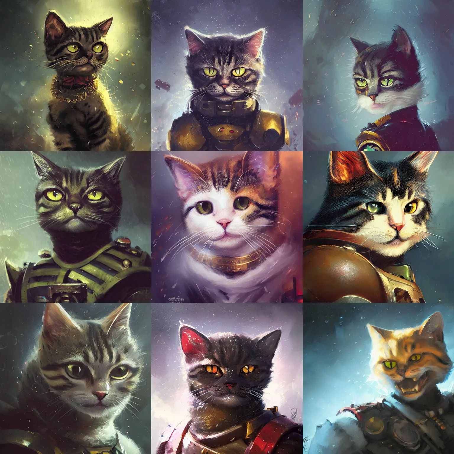 Prompt: portrait of a cute cat from warhammer 4 0 k, angry, battlefield, bokeh, painting by greg rutkowski