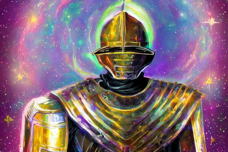 Image similar to digital art of a spiritual medieval knight wearing suit of armor looking up at the stars, acrylic art, universe, painting, pastel colors, synthwave, retro, cyberpunk,