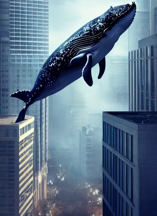 Image similar to whale flying over a building, wearing fashion clothing, id magazine, hyperrealism, detailed textures, photorealistic, 3 d city, ultra realistic, cinematic, intricate, cinematic light, unreal engine 8 k, octane render, unreal engine, david kostic, artgerm