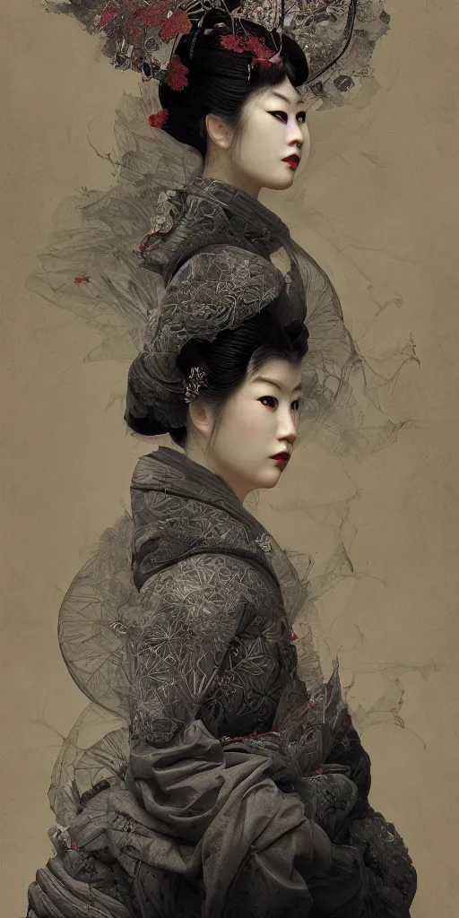 Image similar to portrait of a geisha, fractal, intricate, elegant, highly detailed, digital photography, subsurface scattering, cinematic lighting, by jheronimus bosch and james jean and greg rutkowski