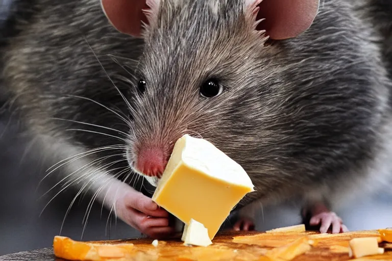 Prompt: photo, emma watson as furry antropomorphic rat, eats cheese, highly detailed, intricate details