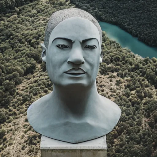 Prompt: gigantic weird concrete head bust in a mountain, aerial view shot from the sky, realistic, by origiful, 4 k