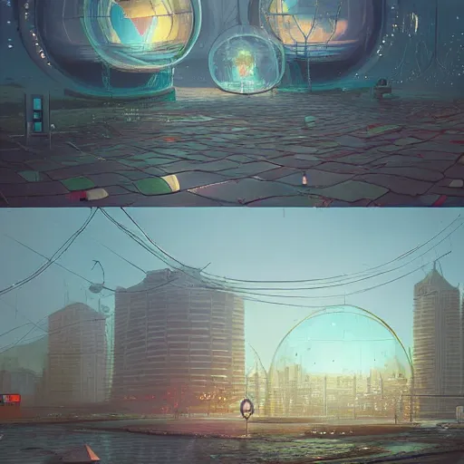Prompt: A city trapped in a giant transparent dome, bubbles, cinematic lighting, insanely detailed, intricate, artstation, cgsociety, painted by Simon Stalenhag, concept art, illustration, sharp focus,