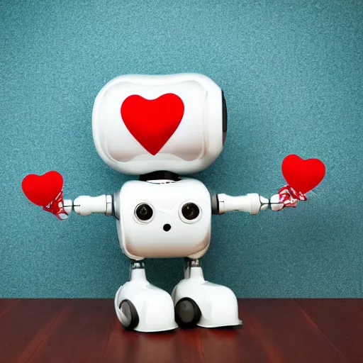 Image similar to a cute robot holding heart balloons photorealistic