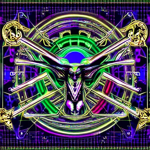 Image similar to biomechanical baphomet sigil merged with mainframe circuitry, multicolored digital art
