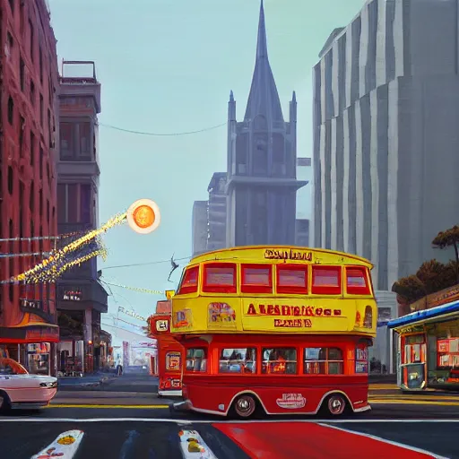 Prompt: Market Street, San Francisco; oil on canvas by Klaus Bürgle and Imperial Boy and Simon Stålenhag; Redwood covered natural city future dream world-H 740