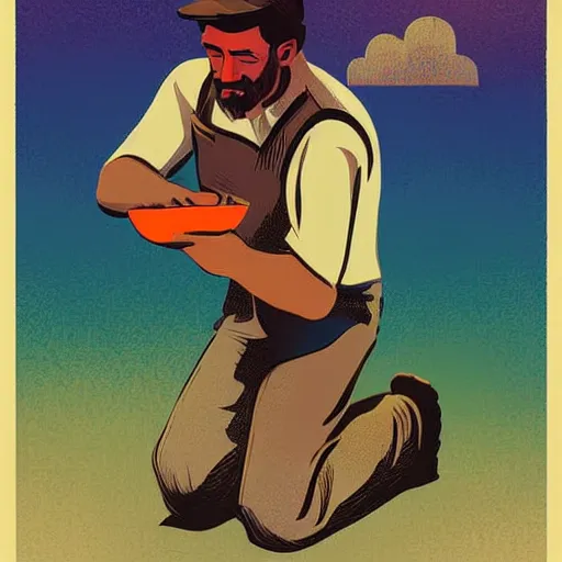 Prompt: farmer kneeling down putting a seed in the dirt, limited neutral palette, by petros afshar, anton fadeev, dean ellis, beautiful graphic full body portrait, propaganda poster art 1 9 7 0 s illustrated advertising art, painterly character design