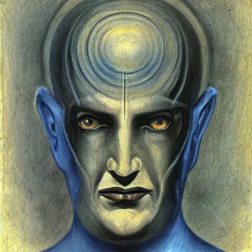 Image similar to Close-up of the cenobite man, pencil drawing. El Greco, Remedios Varo, Salvador Dali, Carl Gustav Carus, John Atkinson Grimshaw. Blue tint. Symetrical, logo, geometric shapes.