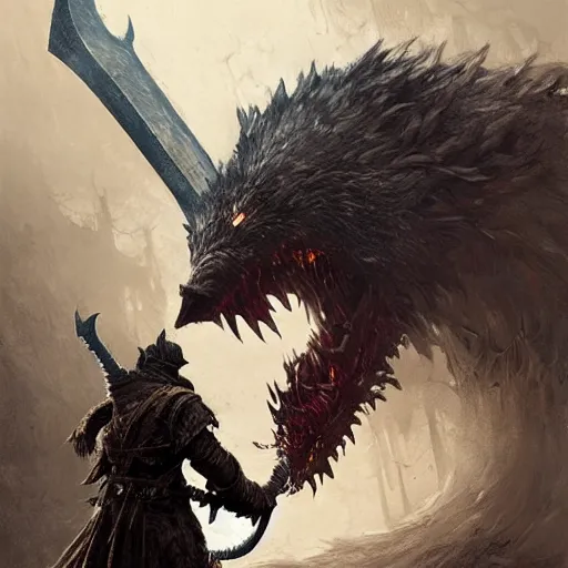 Prompt: Giant wolf holding a large sword in its mouth, hd, intricate, Greg Rutkowski, bloodborne, 8k, digital art