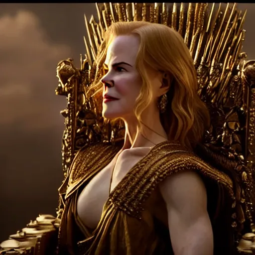 Image similar to cinematic scene with nicole kidman on a majestic throne as the goddess of war, dramatic, small details, volumetric lighting, still frame