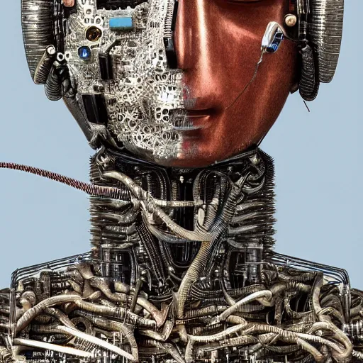 Prompt: a detailed portrait of a vagabond robot in dessert rags, 4 k, photorealism, exposed wires, circuitry, extremely detailed, sci - fi