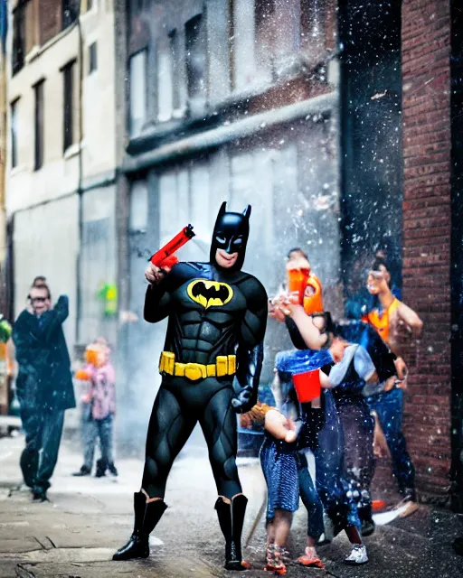 Image similar to happy batman firing super soaker water gun in an alleyway, everyone having fun, product advertisement, photography